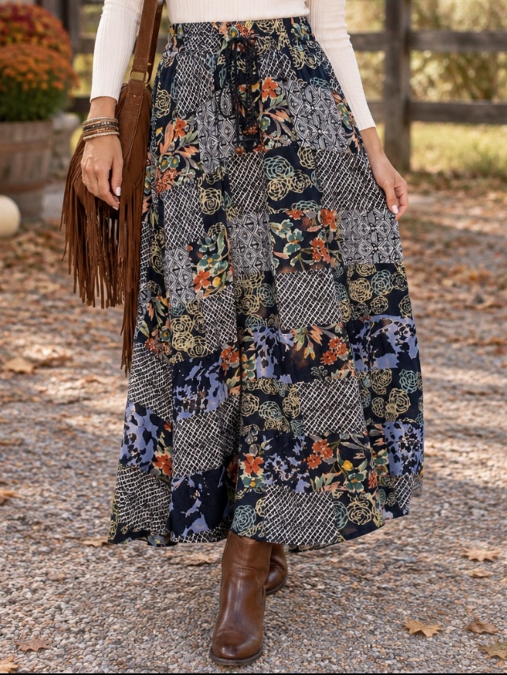 The Pyramid Collection Patchwork Print floral drawstring midi/Maxi skirt M
